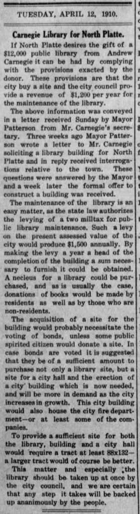 Carnegie Library for North Platte appearing April 12, 1910.